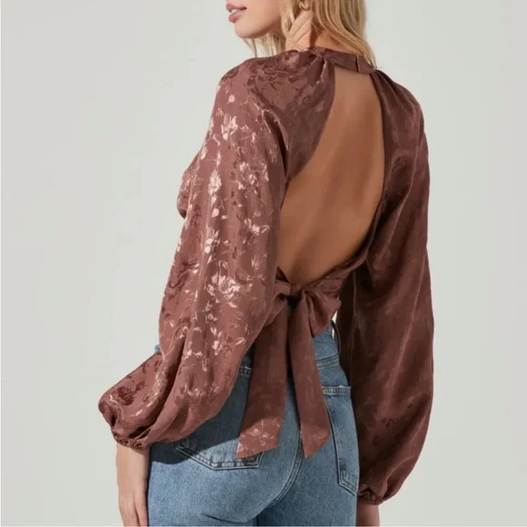 Astr The Label Women’s Betsy Floral Jacquard Cutout Long Sleeve Top Small - Picture 3 of 6